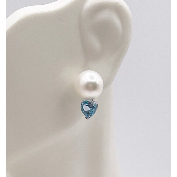Sterling Silver 925 Pearl & Aquamarine Heart Earrings TIL China Romantic Jewelry - Picture 2 of 9